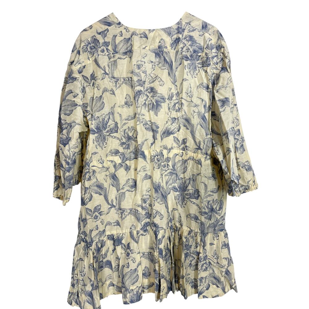 Sandro Josella Dress Linen Blend Floral Puff Sleeve Mini Ecru Blue FR 40 US 8 - Picture 4 of 10
